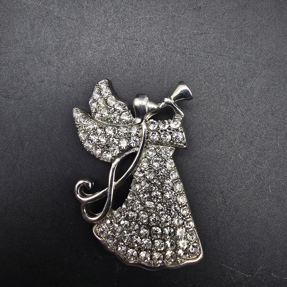 Monet Pave Rhinestone Angel Brooch Silver Tone Christmas Holiday